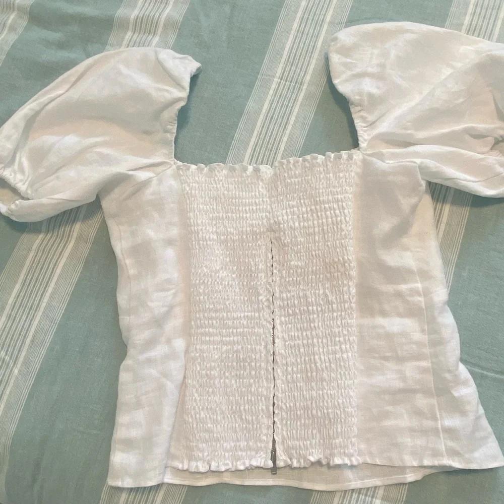 Reformation Rory White Puff Sleeve Tie Front Top