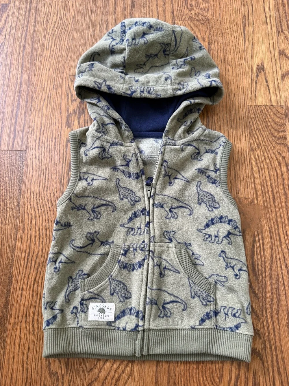 Carter's Olive Green and Navy Hooded Fleece Dinosaur Vest, size 18M