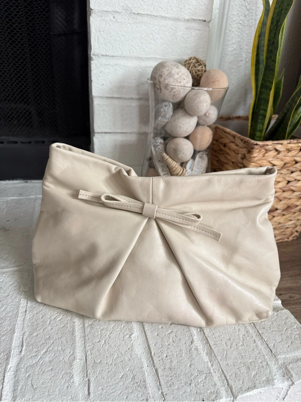 Reformation Cream Fold-Over Clutch with Bow Detail