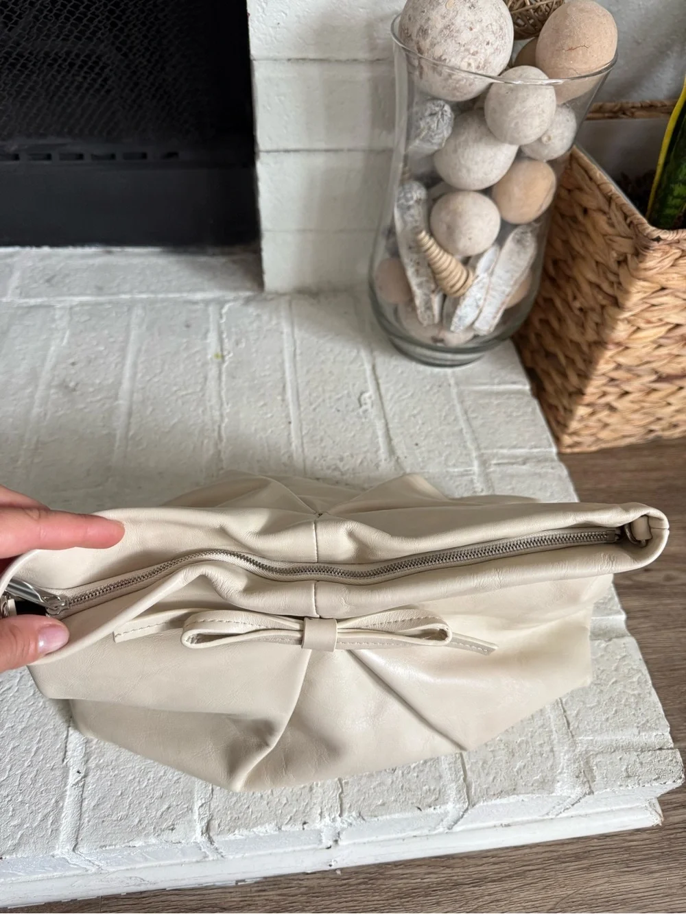 Reformation Cream Fold-Over Clutch with Bow Detail