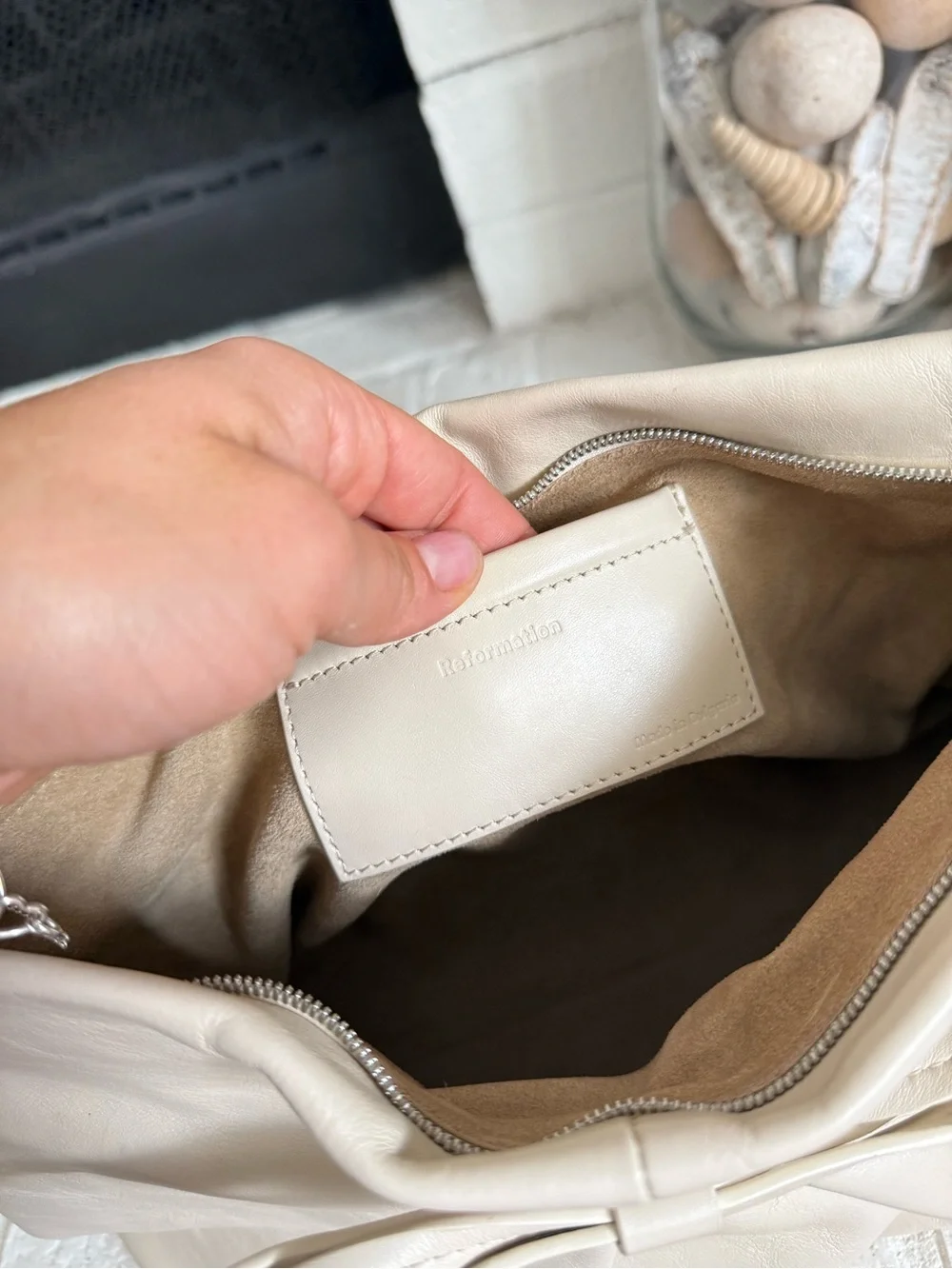 Reformation Cream Fold-Over Clutch with Bow Detail