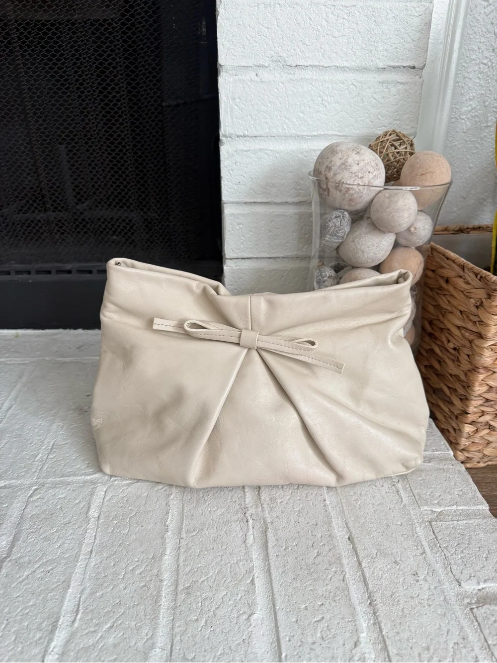 Reformation Cream Fold-Over Clutch with Bow Detail