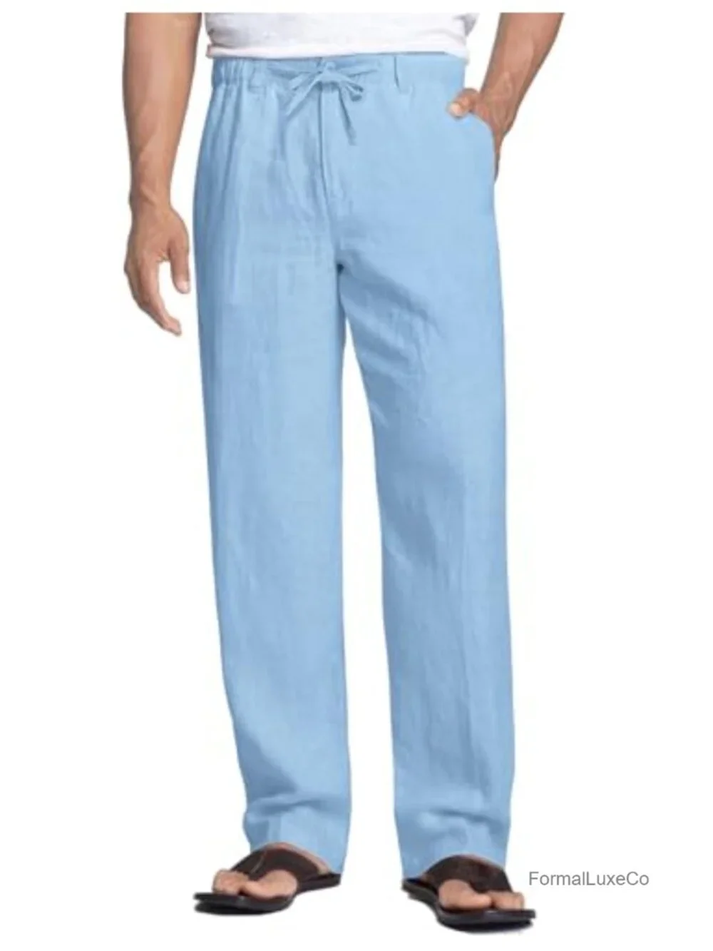 Men's Linen Blend Drawstring Casual Pants Lightweight Straight Leg Summer Beach
