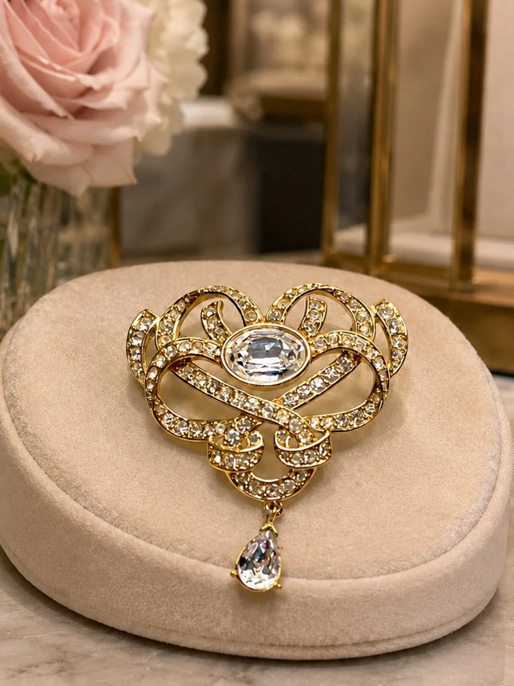 Signed Trifari Vintage Gold-Tone Rhinestone Ribbon Dangle Brooch