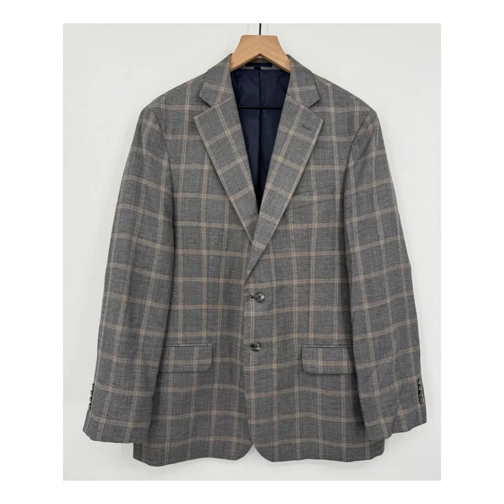 Jo A Bank Blazer Mens 42R Gray Beige Plaid Linen Wool Brrr Sport‎ Coat