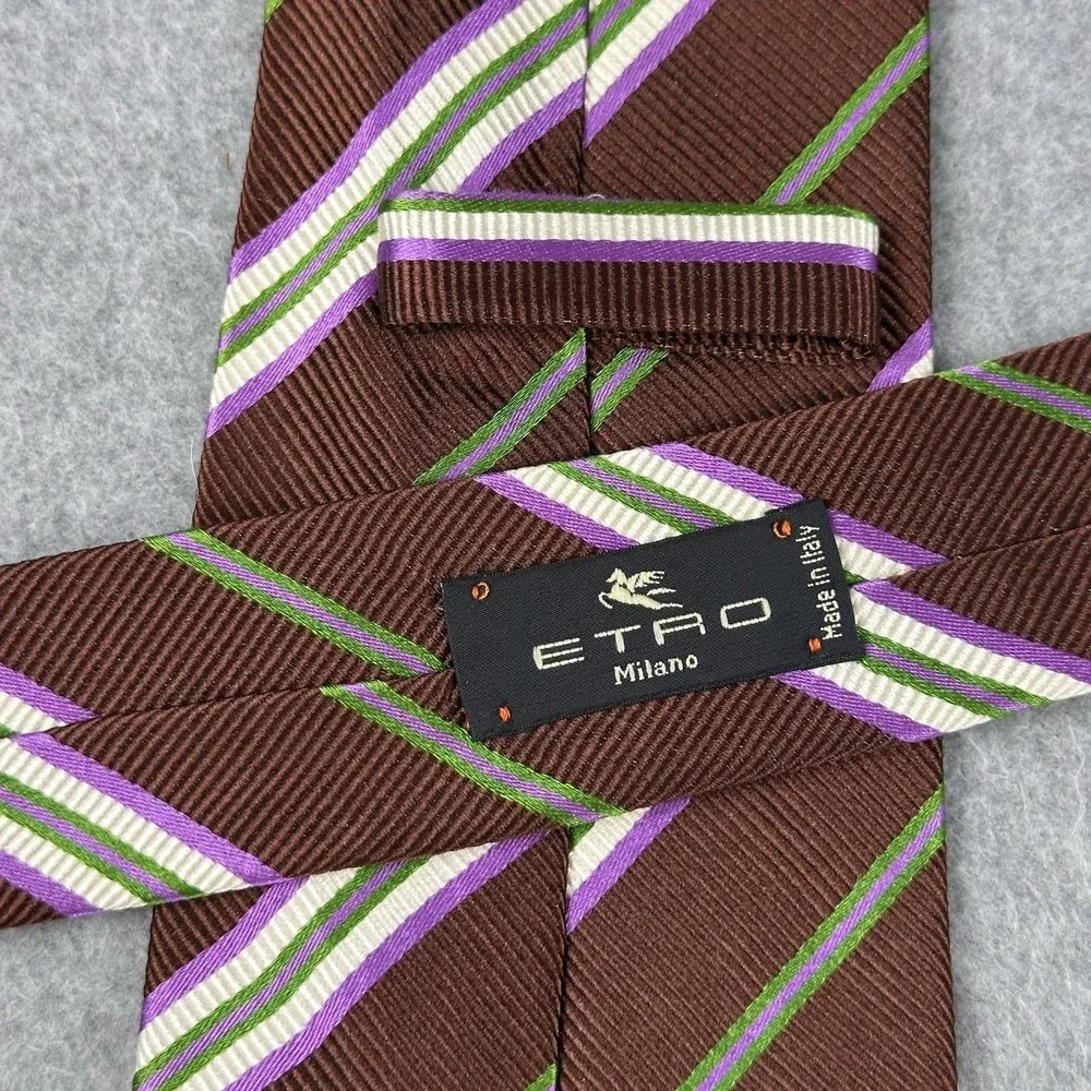 Etro Milano Italy Silk Cotton Brown Stripe Necktie Purple‎ Green 57x3.75