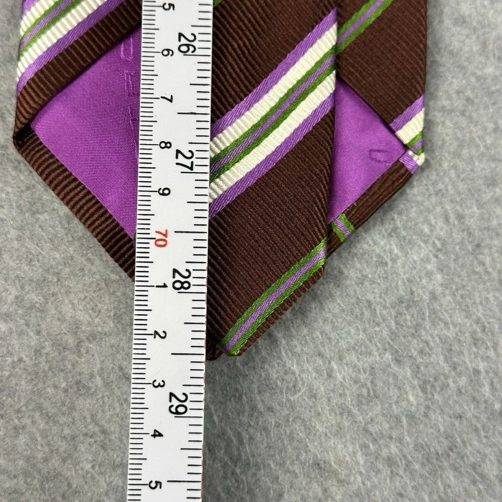 Etro Milano Italy Silk Cotton Brown Stripe Necktie Purple‎ Green 57x3.75