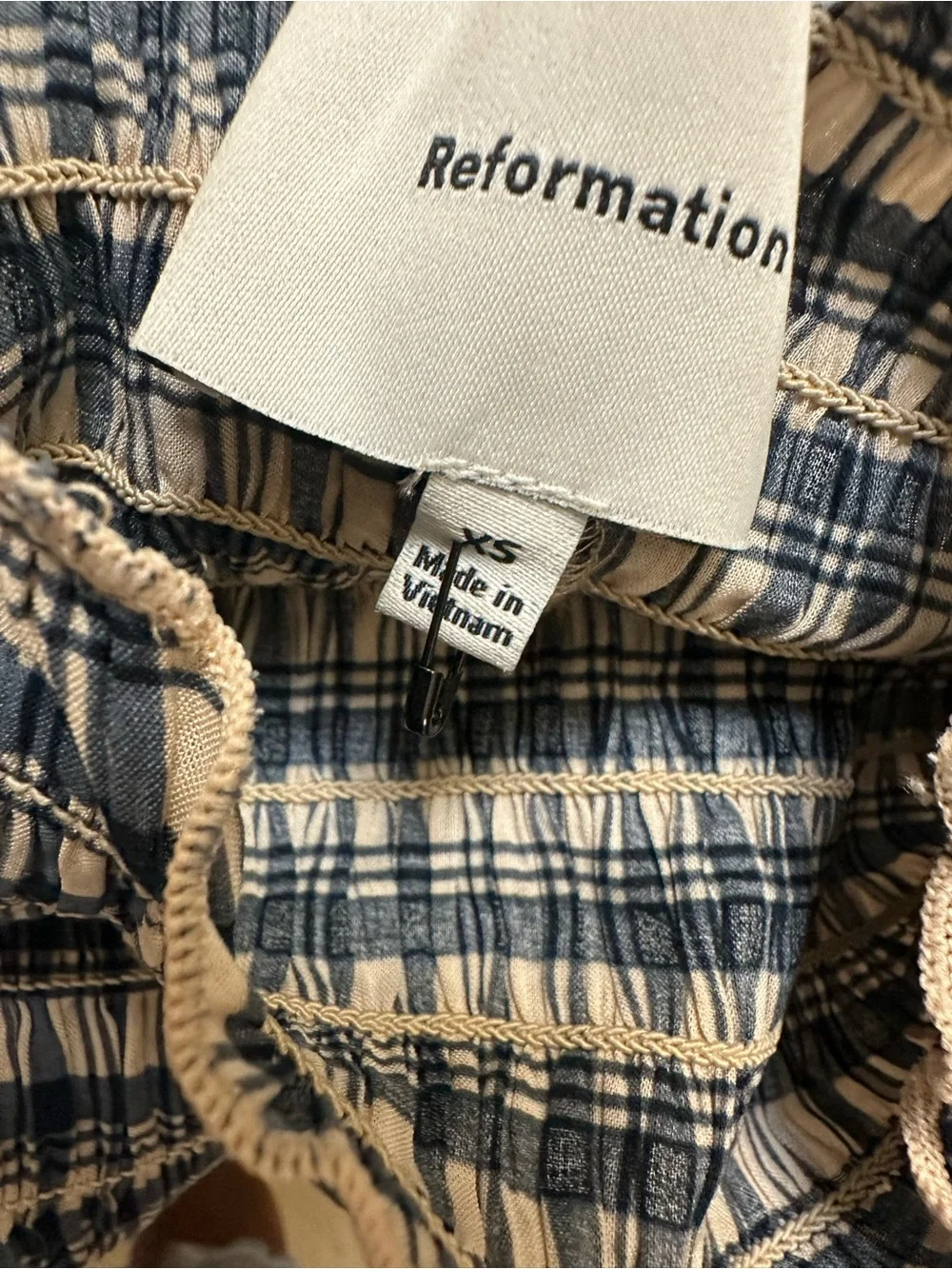Reformation Navy and White Smocked Plaid Peplum Top