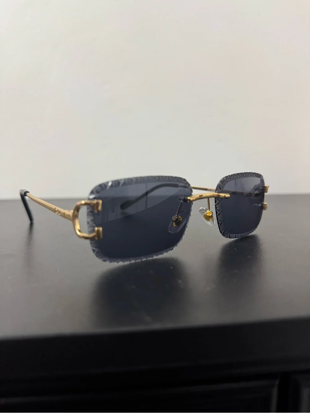 Cartier Designer Black Gold Rimless Rectangle Diamond Cut Engraved Sunglasses Co