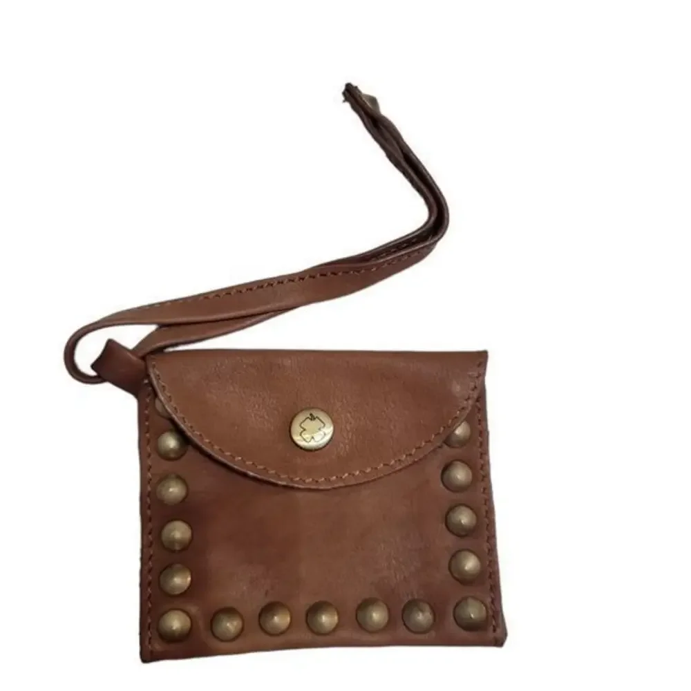 Leather Brown  Coin purse Wristlet Four Leaf Clover gold snap gold embellishment