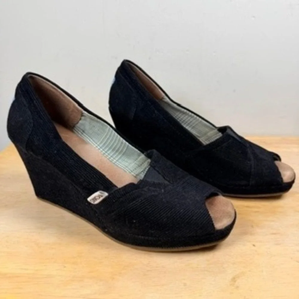 TOMS‎ Classic Espadrille Wedge Heels Womens 7 Black Corduroy Peep Toe Shoes Y2K