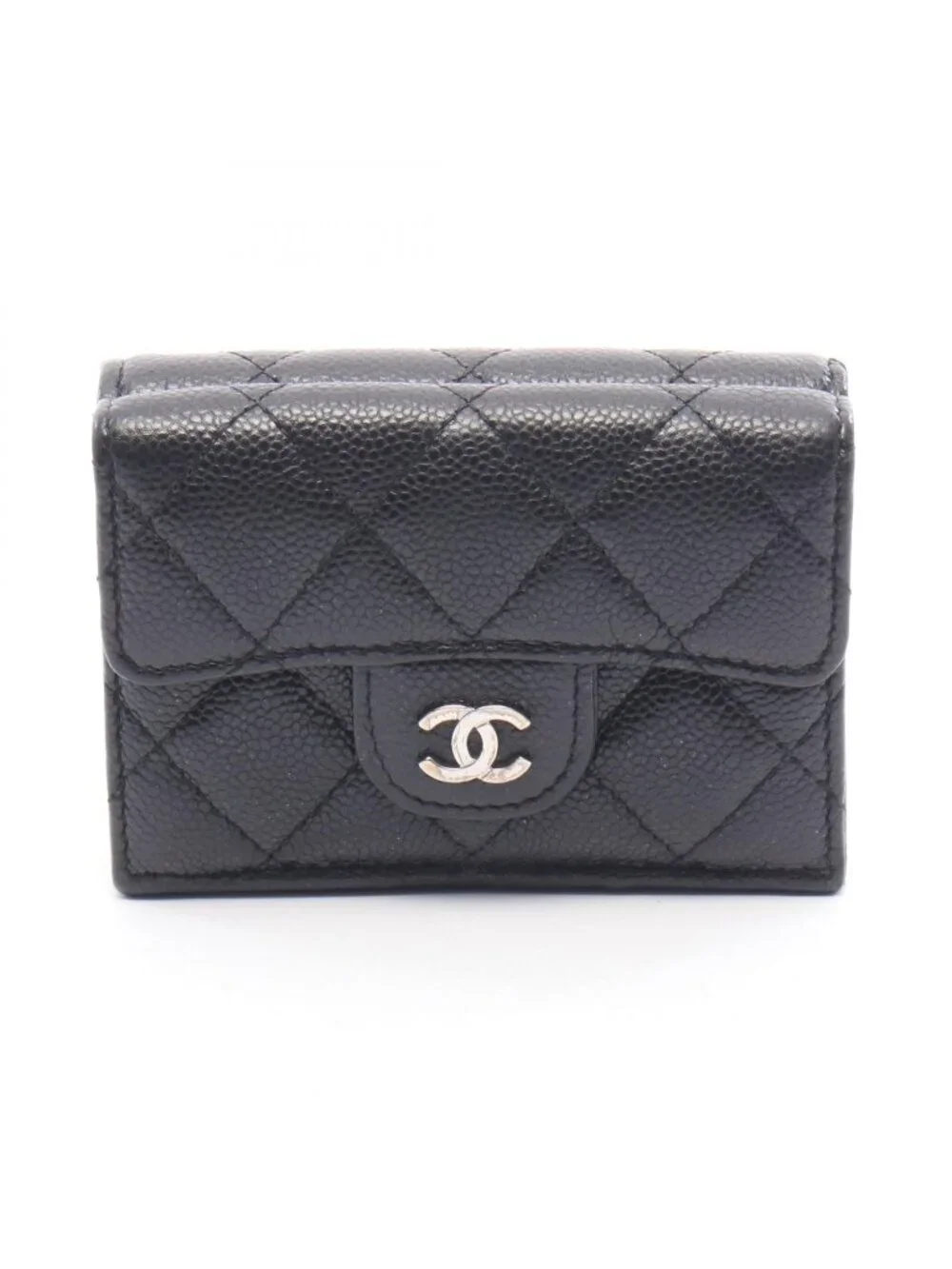 Chanel Trifold Wallet Classic Small Flap Quilted Black Caviar Leather Compact