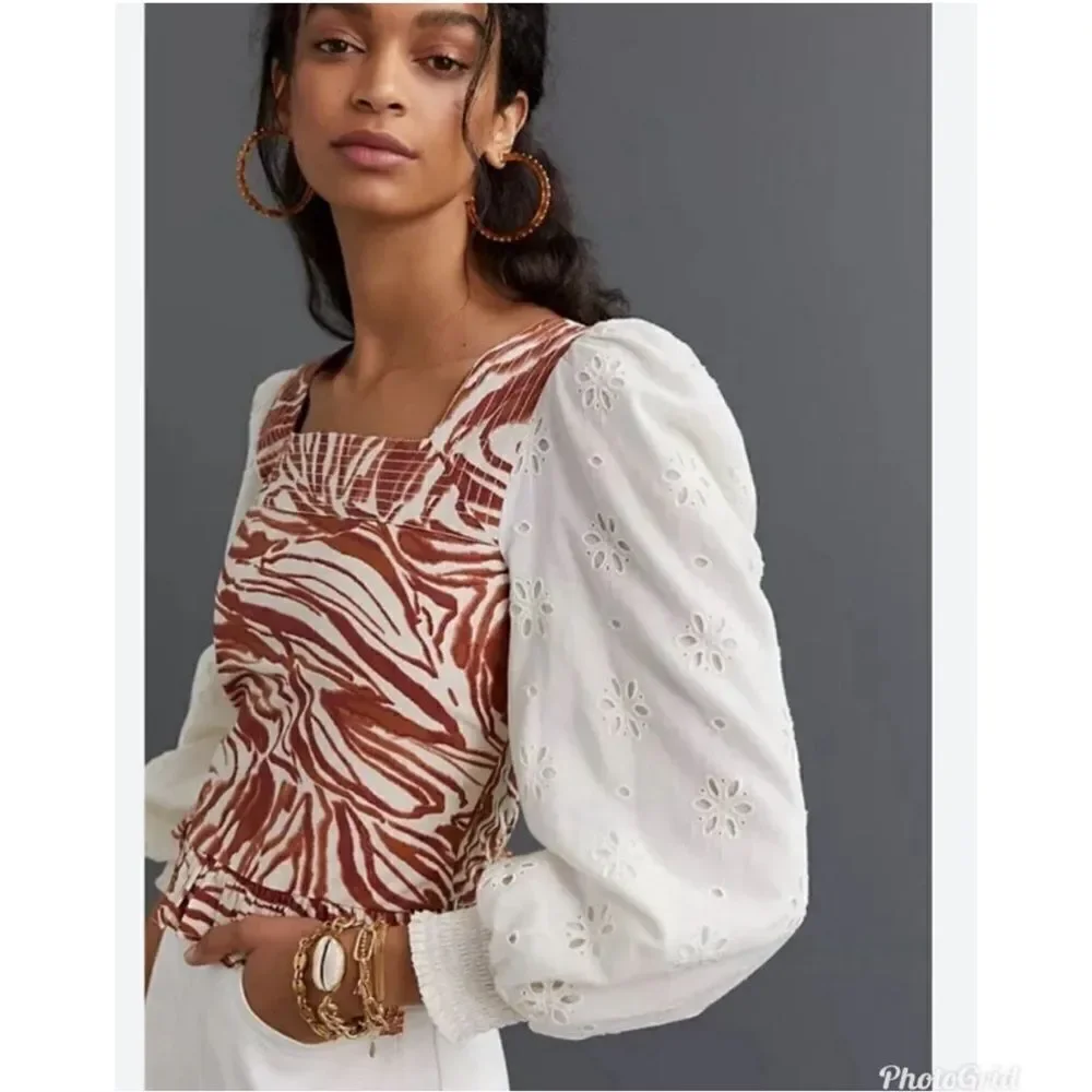 Revolve Anthropologie Love The Label Smocked Puff-Sleeve Brown Zebra Blouse