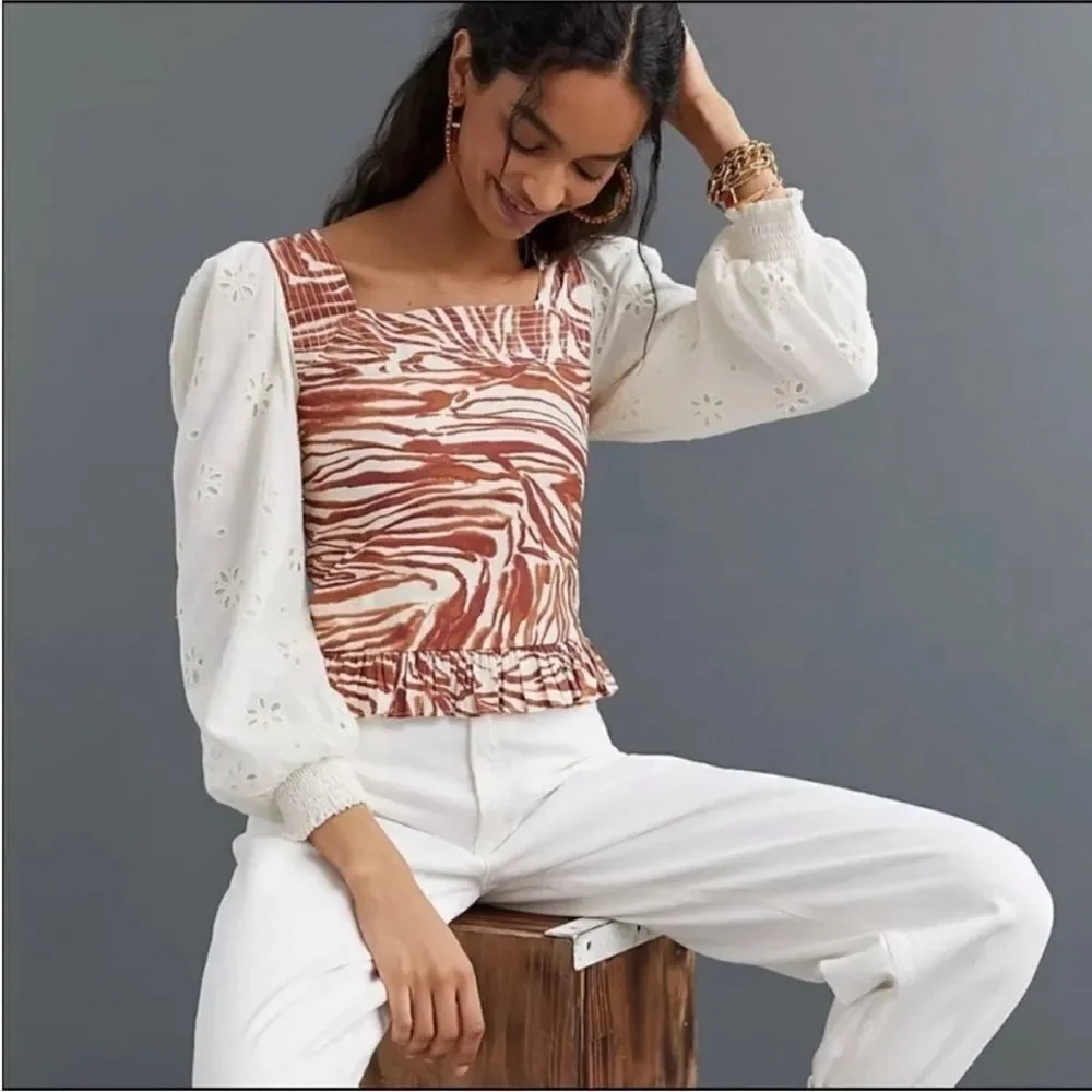 Revolve Anthropologie Love The Label Smocked Puff-Sleeve Brown Zebra Blouse