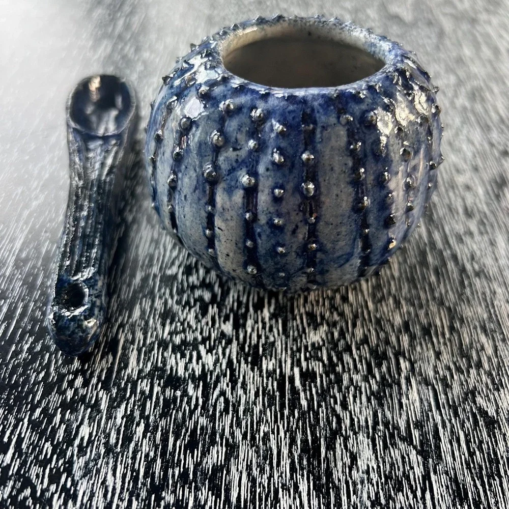 Handmade‎ Sea Urchin pottery sugar bowl and spoon
