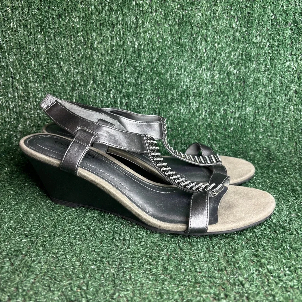 Comfort Plus Predictions Rhinestone‎ T-Strap Wedge Sandal Pewter Womens 9.5 Wide