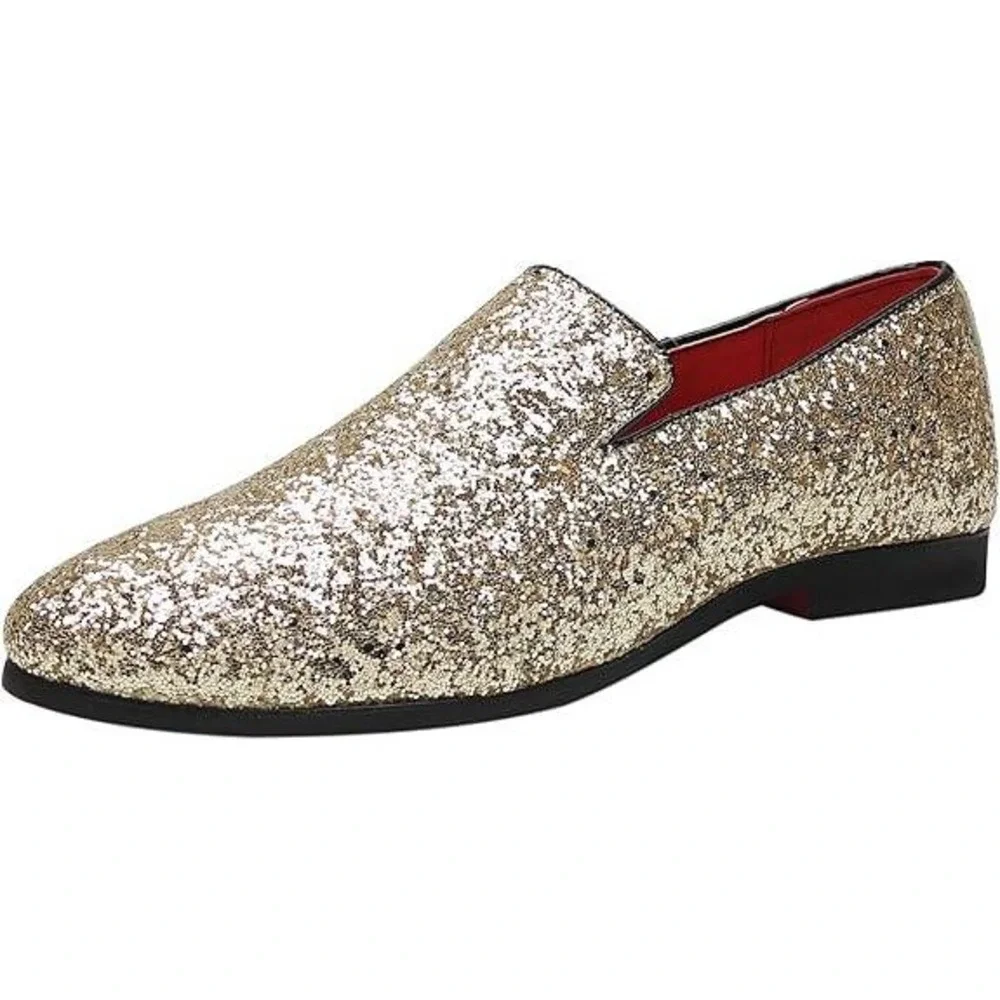 Santimon Men's US‎ 12 Gold Glitter Slip-On Loafers Sequin Dress Shoes