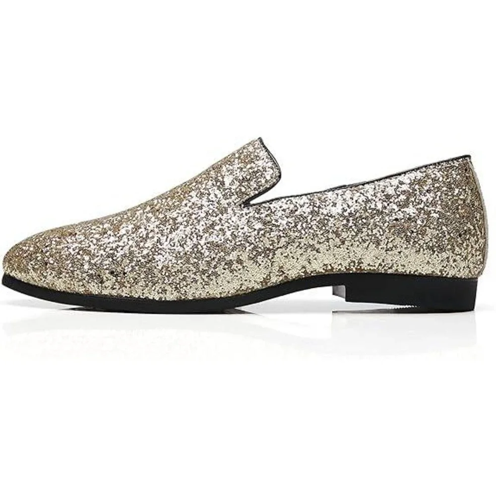 Santimon Men's US‎ 12 Gold Glitter Slip-On Loafers Sequin Dress Shoes