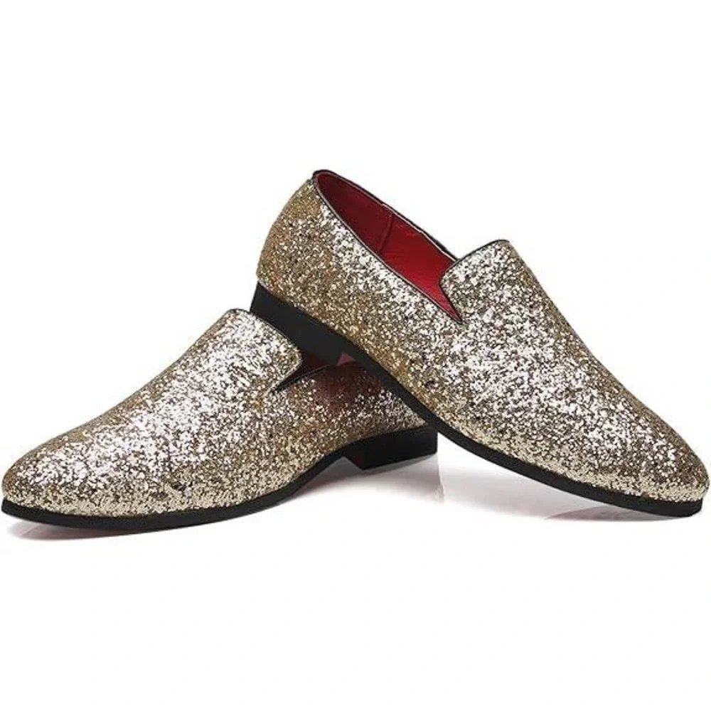Santimon Men's US‎ 12 Gold Glitter Slip-On Loafers Sequin Dress Shoes