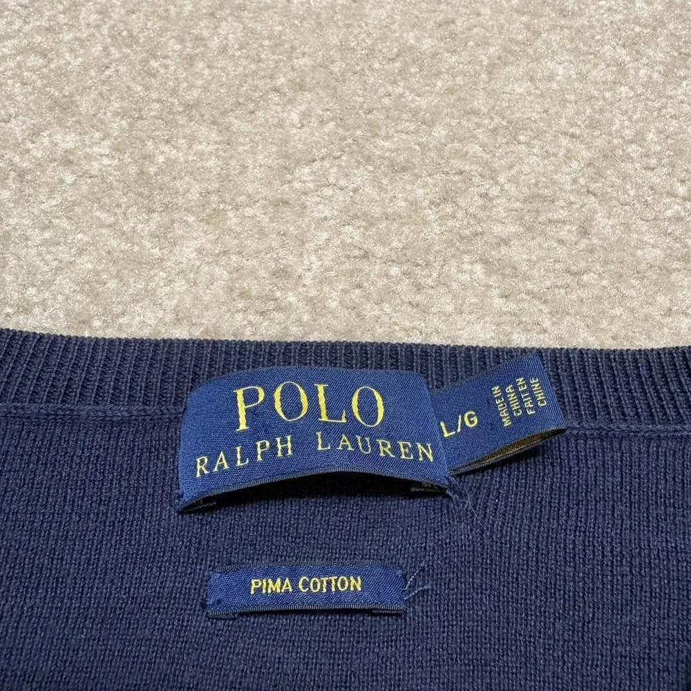 Polo Ralph Lauren Sweater Mens Large Navy Blue Pima Cotton V Neck Pony Logo