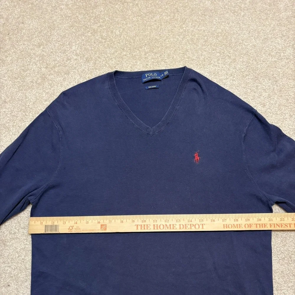 Polo Ralph Lauren Sweater Mens Large Navy Blue Pima Cotton V Neck Pony Logo