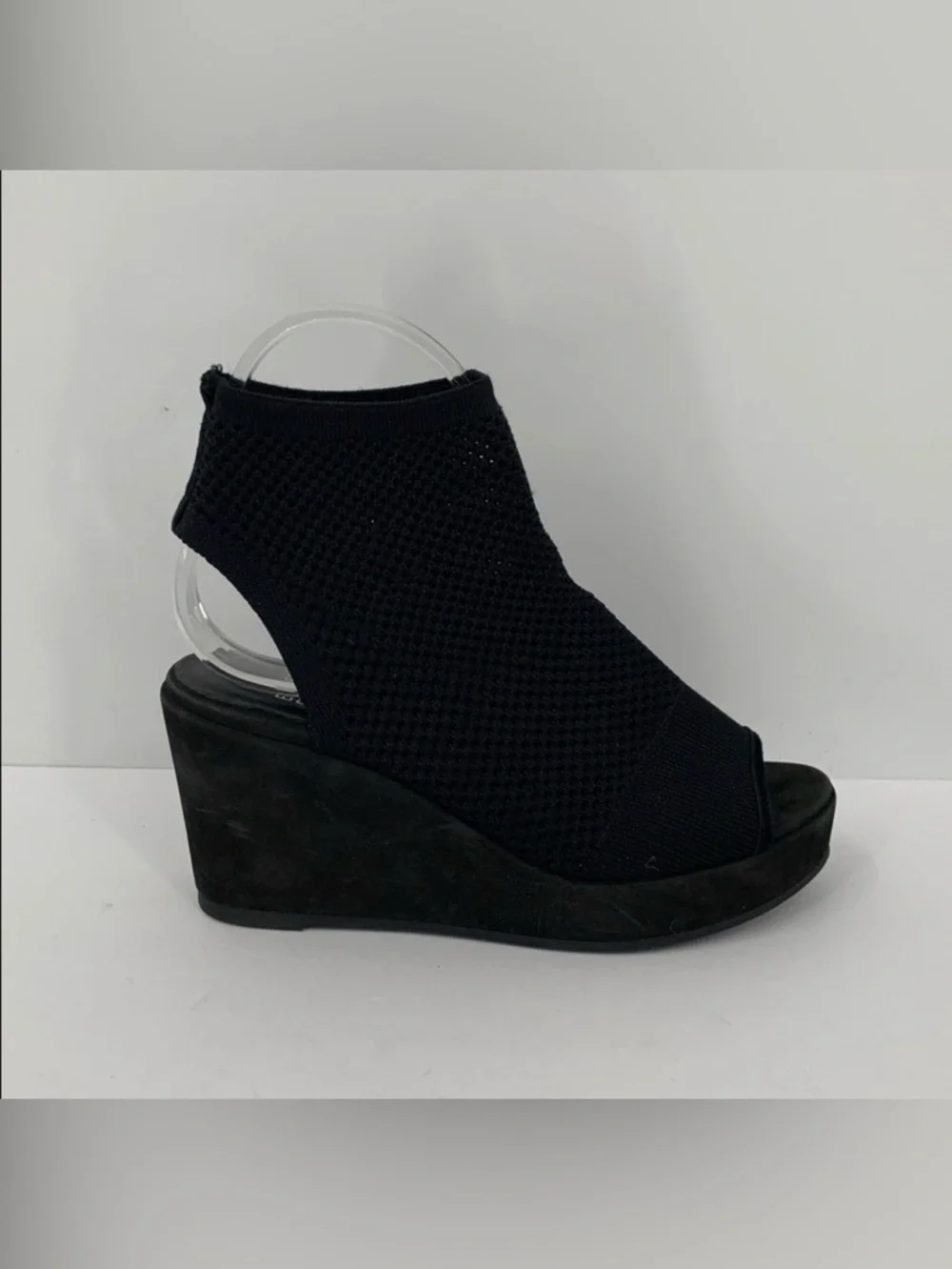 Eileen Fisher Warrick knit stretch peeptoe wedge platform bootie black shoe 6