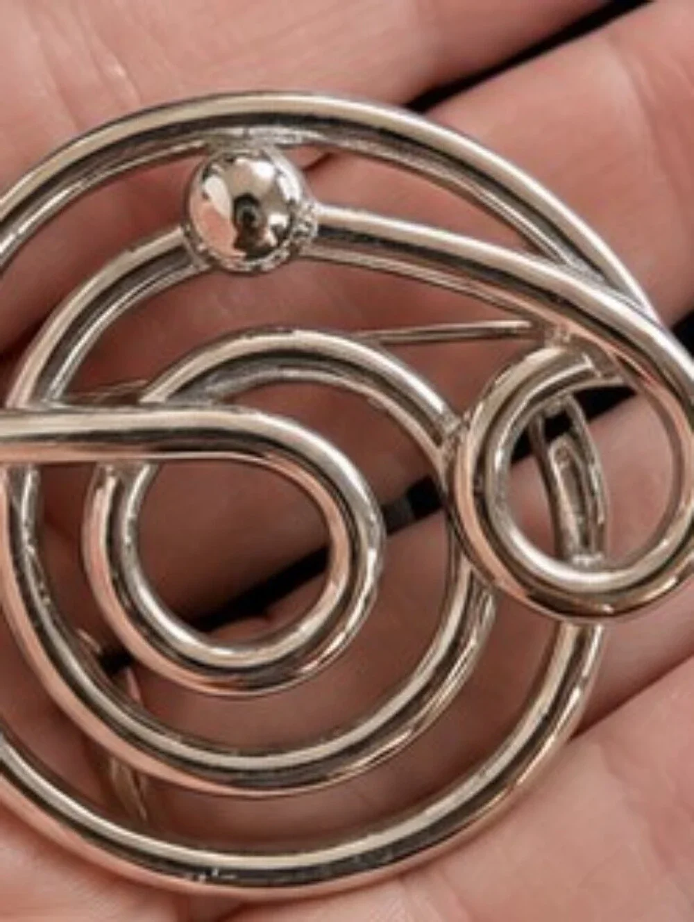 Vintage Modernist Abstract Swirl Brooch Silver Tone Mid Century Atomic Statement