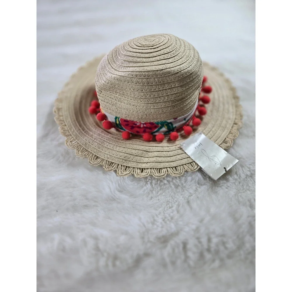 Joie Kids Straw Sun Beach Garden Hat Watermelon Print Pom Pom Scalloped Brim NEW