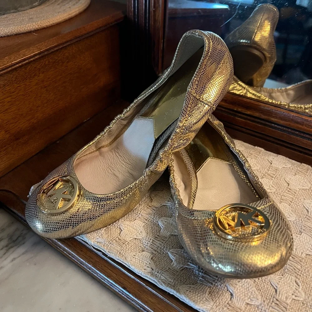MICHAEL KORS Classic Fulton‎ Python Embossed Ballet Flats Gold Metallic Wms Sz 8