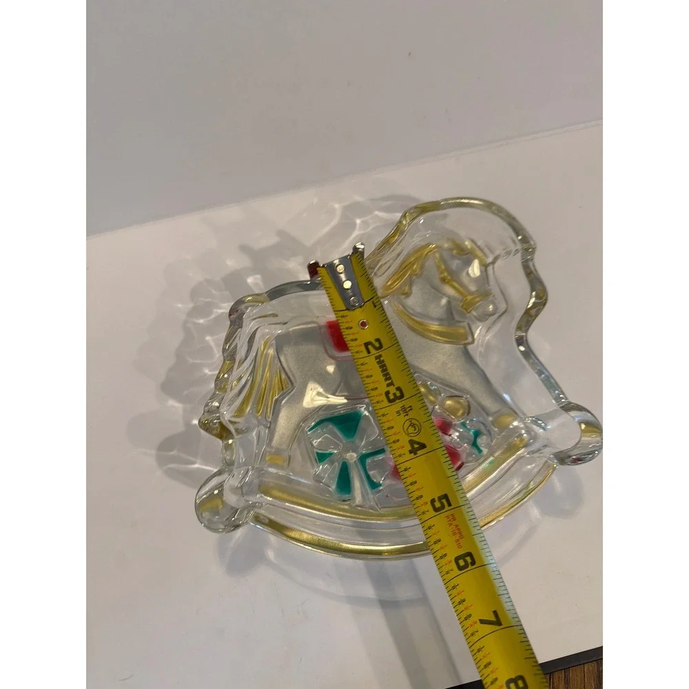 Vintage Christmas Rocking Horse Glass Candy Dish Gold‎ Red Green Holiday Decor