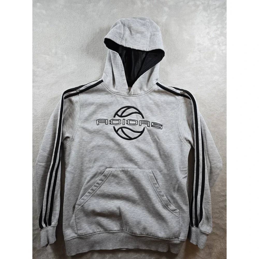 Vintage‎ Adidas Basketball Youth Large Hoodie Sweatshirt Spell Out Gray Hooded