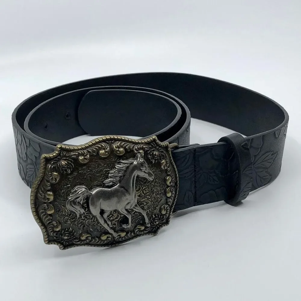 Women's Black Embossed Western Horse Buckle Belt, 28.5–39.5 Inches, X7G9A1018