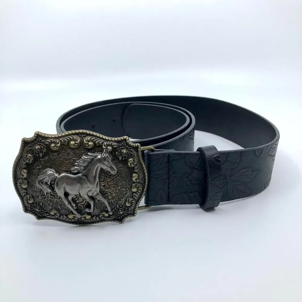 Women's Black Embossed Western Horse Buckle Belt, 28.5–39.5 Inches, X7G9A1018