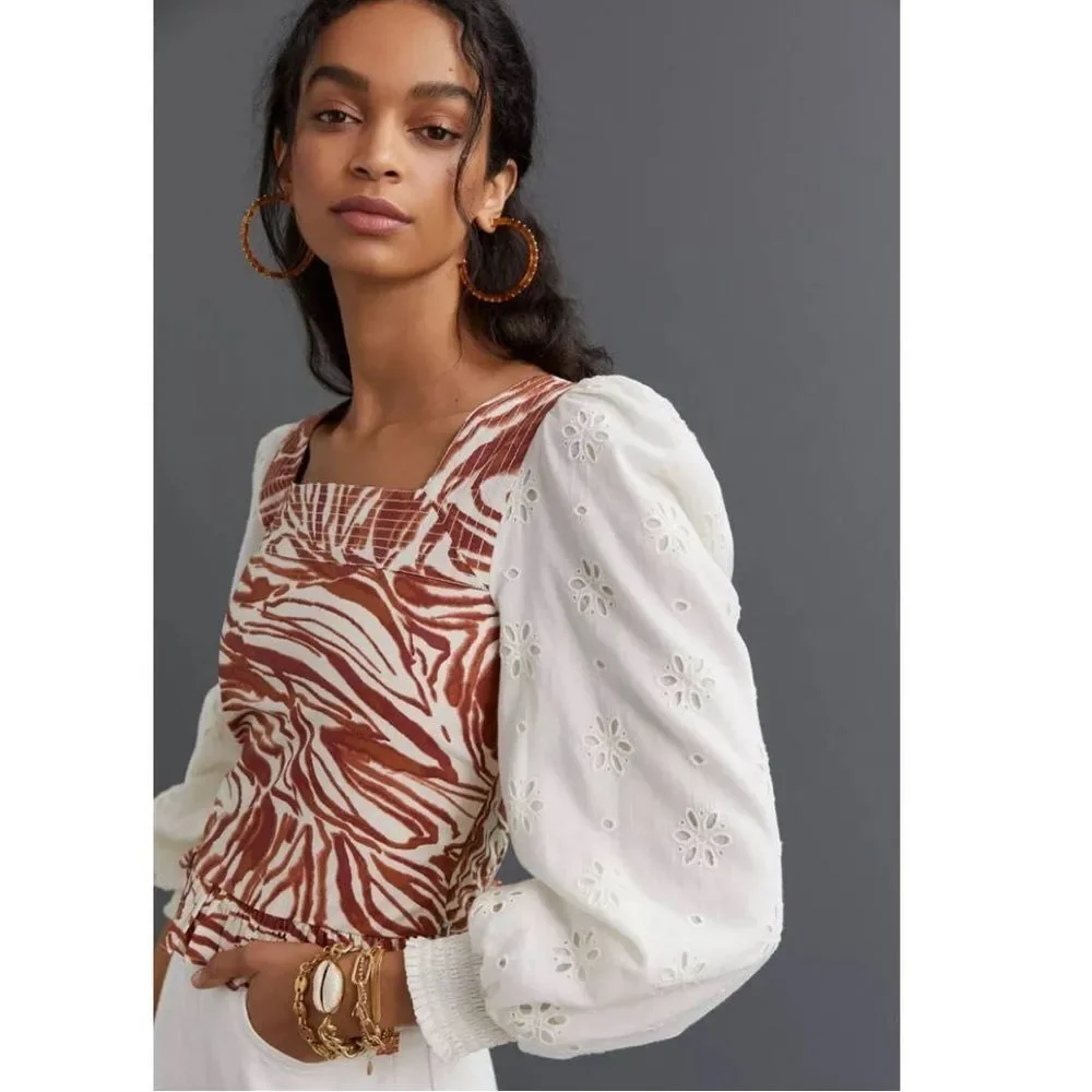 Anthropologie love the label‎ zebra laser cut puff sleeve smocked blouse