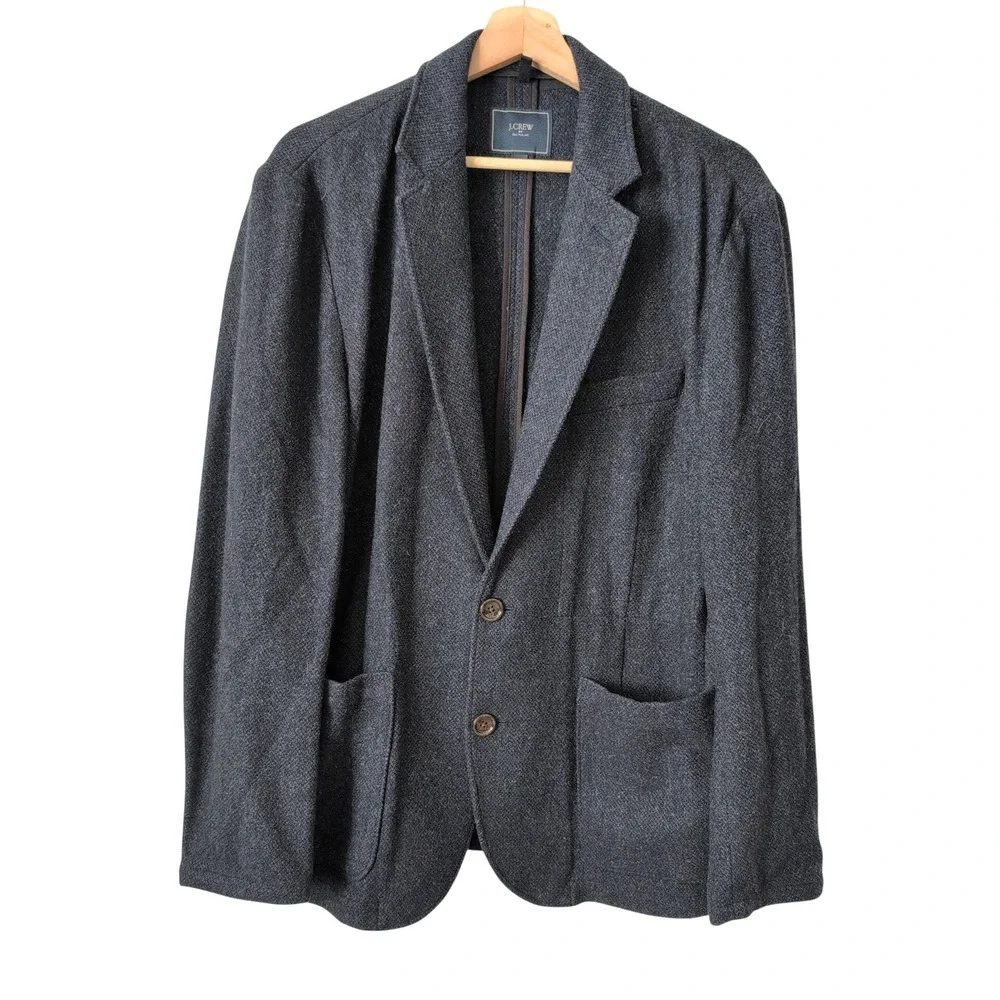 J Crew Men's Worsted Wool Blazer Jacket Navy Blue Knit Size L Two Button Pockets