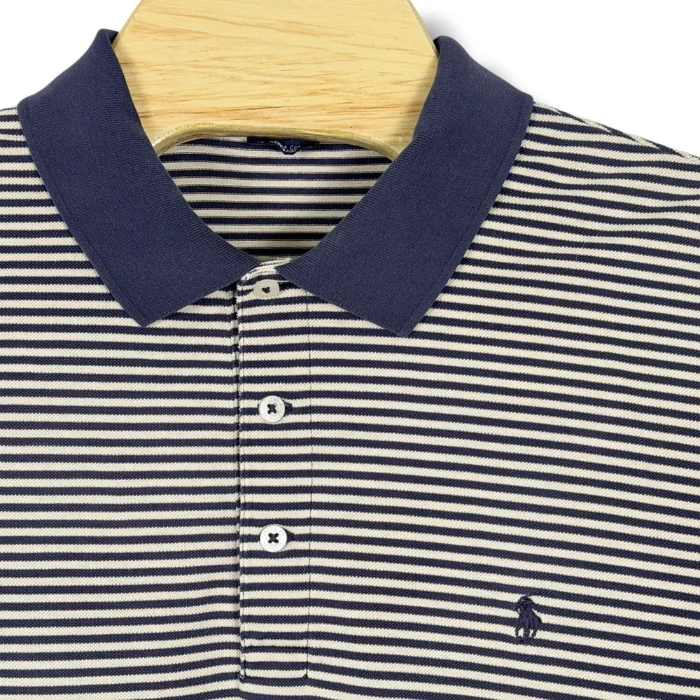 Vintage Polo Golf Ralph Lauren Polo Shirt‎ Mens Large Navy Tan Stripe Pima Pony