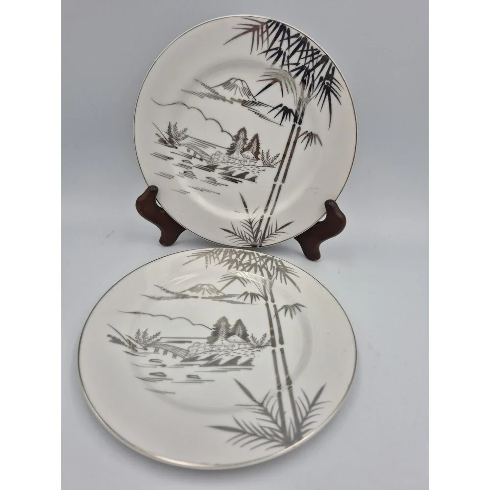 Antique Kutani Japanese China 2 Bread Plates, Mt Fuji Bamboo design 2 Saucers
