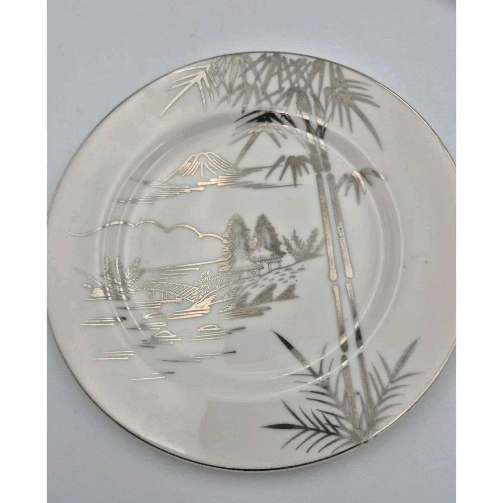 Antique Kutani Japanese China 2 Bread Plates, Mt Fuji Bamboo design 2 Saucers
