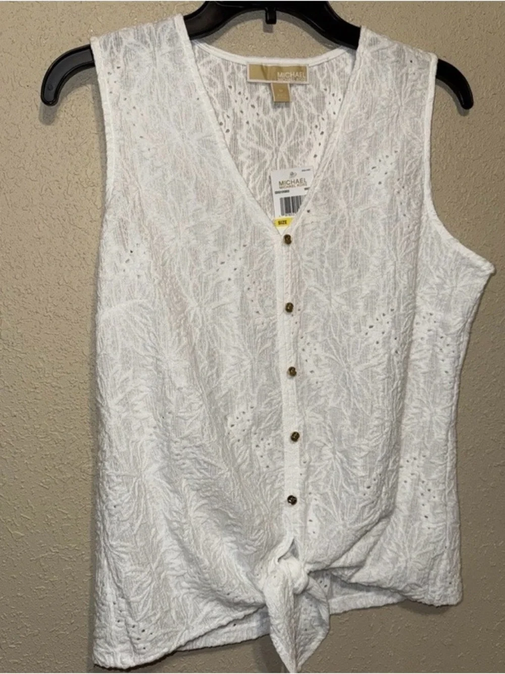 Michael Kors White Knit Button-Front Camisole with Tie Hem