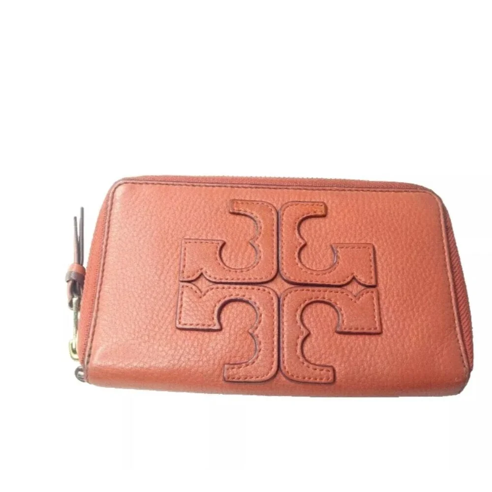 Tory Burch Berkeley Leather Wallet Burnt Orange Zip Around