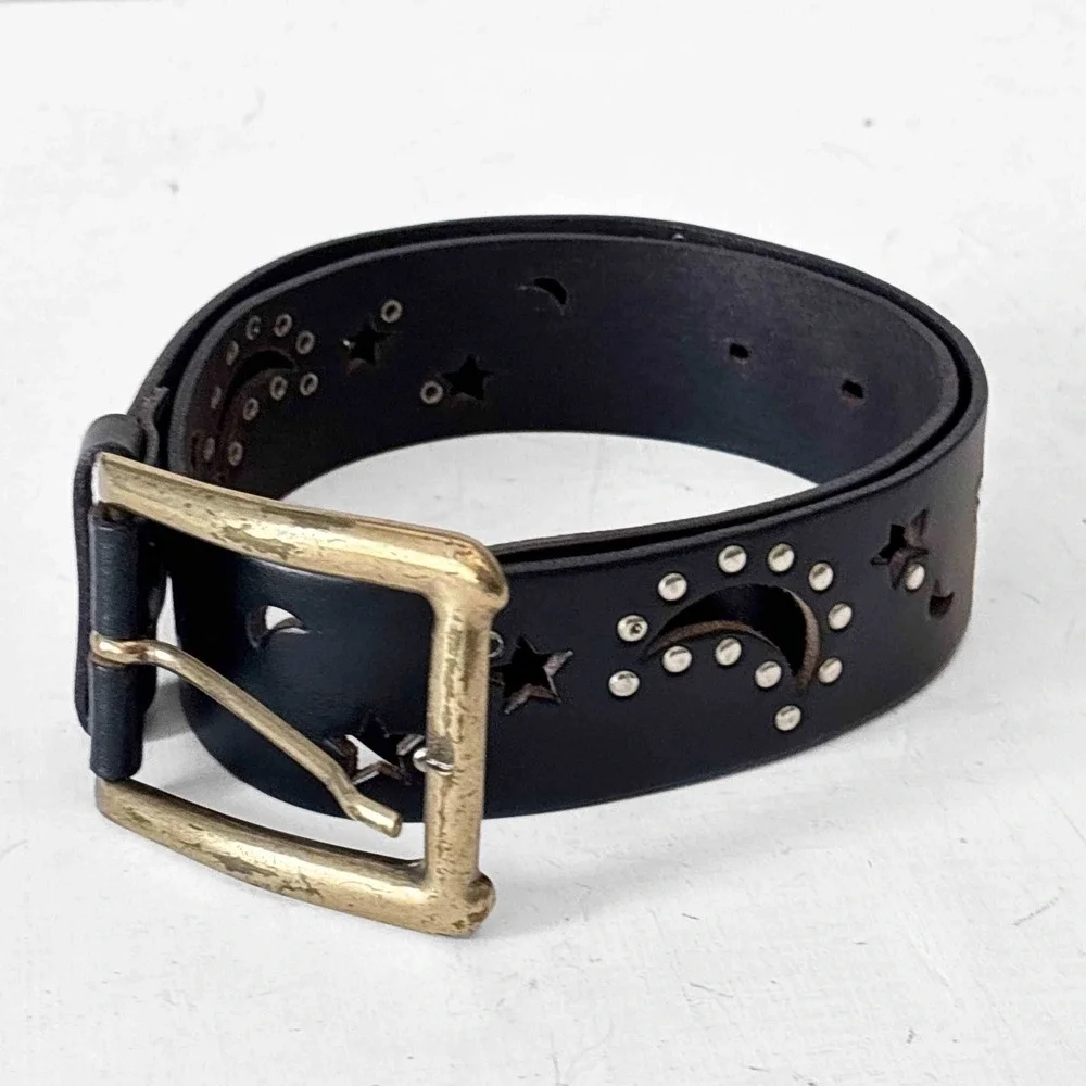 Express Vintage Black Leather‎ Celestial Moon Star Studded Belt Made in Italy S