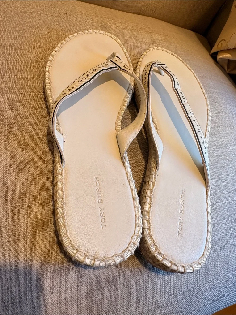 Tory Burch Cream Raffia-Trim Flip Flop Sandals