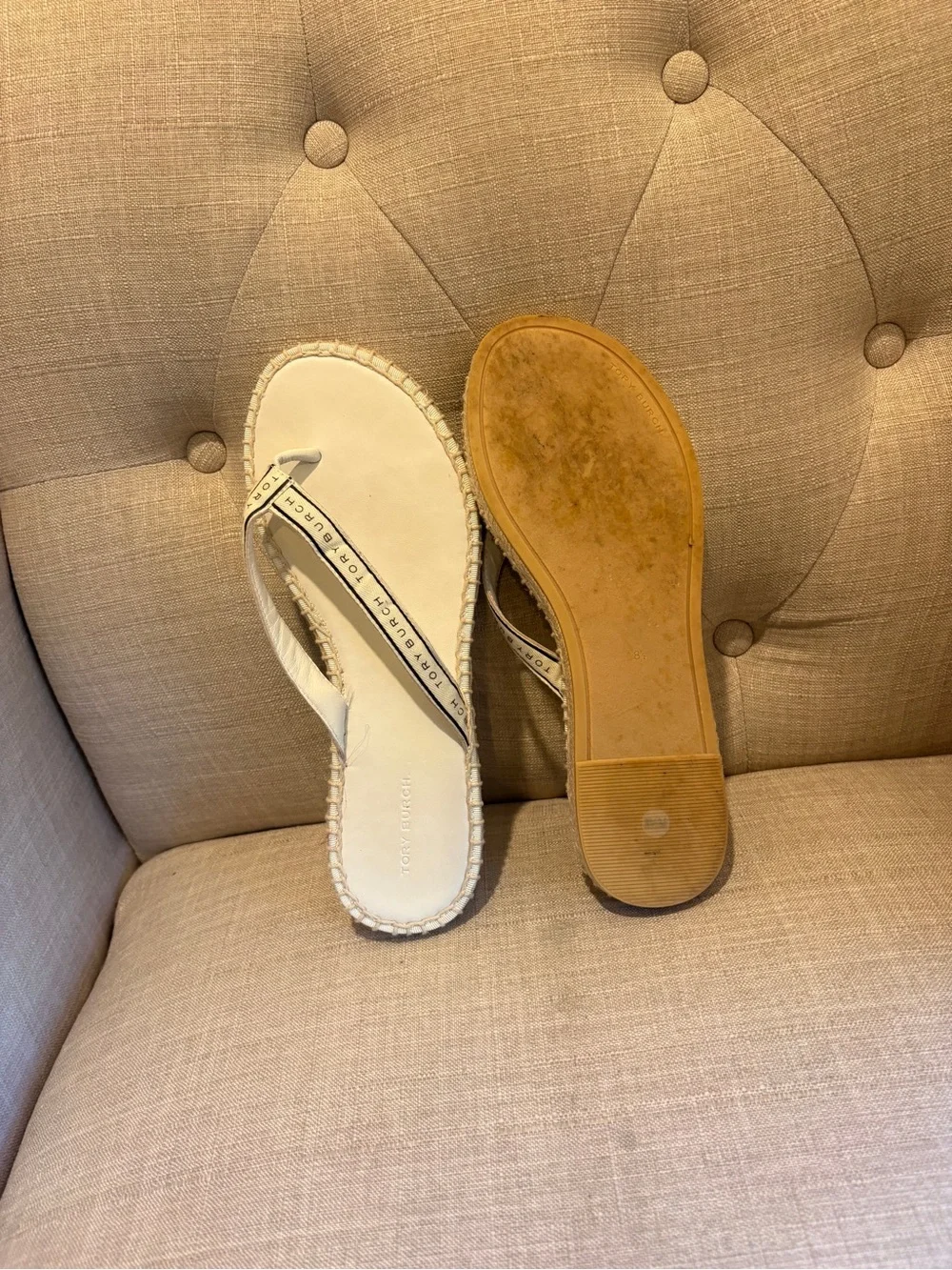 Tory Burch Cream Raffia-Trim Flip Flop Sandals