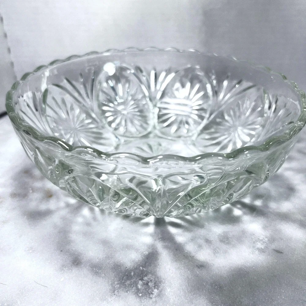 Vtg 60s Clear Pressed Glass Serving Bowl Starburst Design Mid Century Modern‎