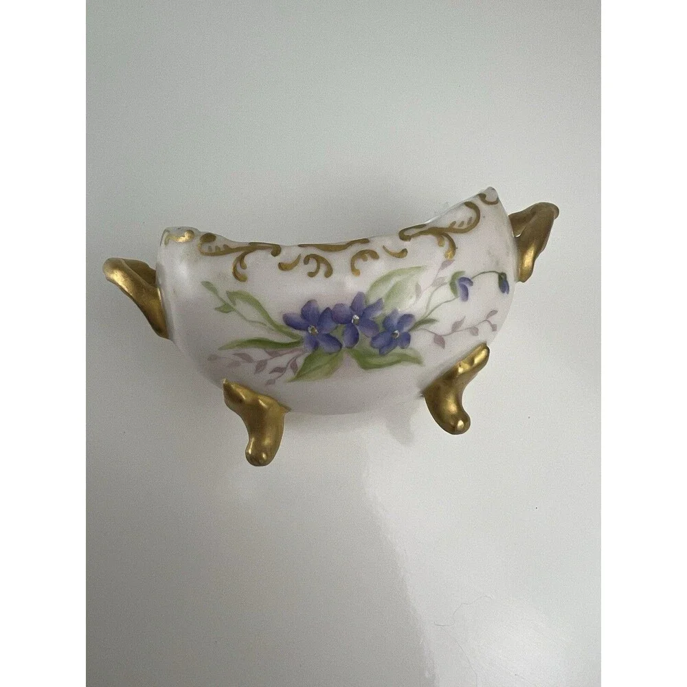 Vintage Porcelain Sugar Bowl Purple Flowers White China Handpainted Marked HW 96