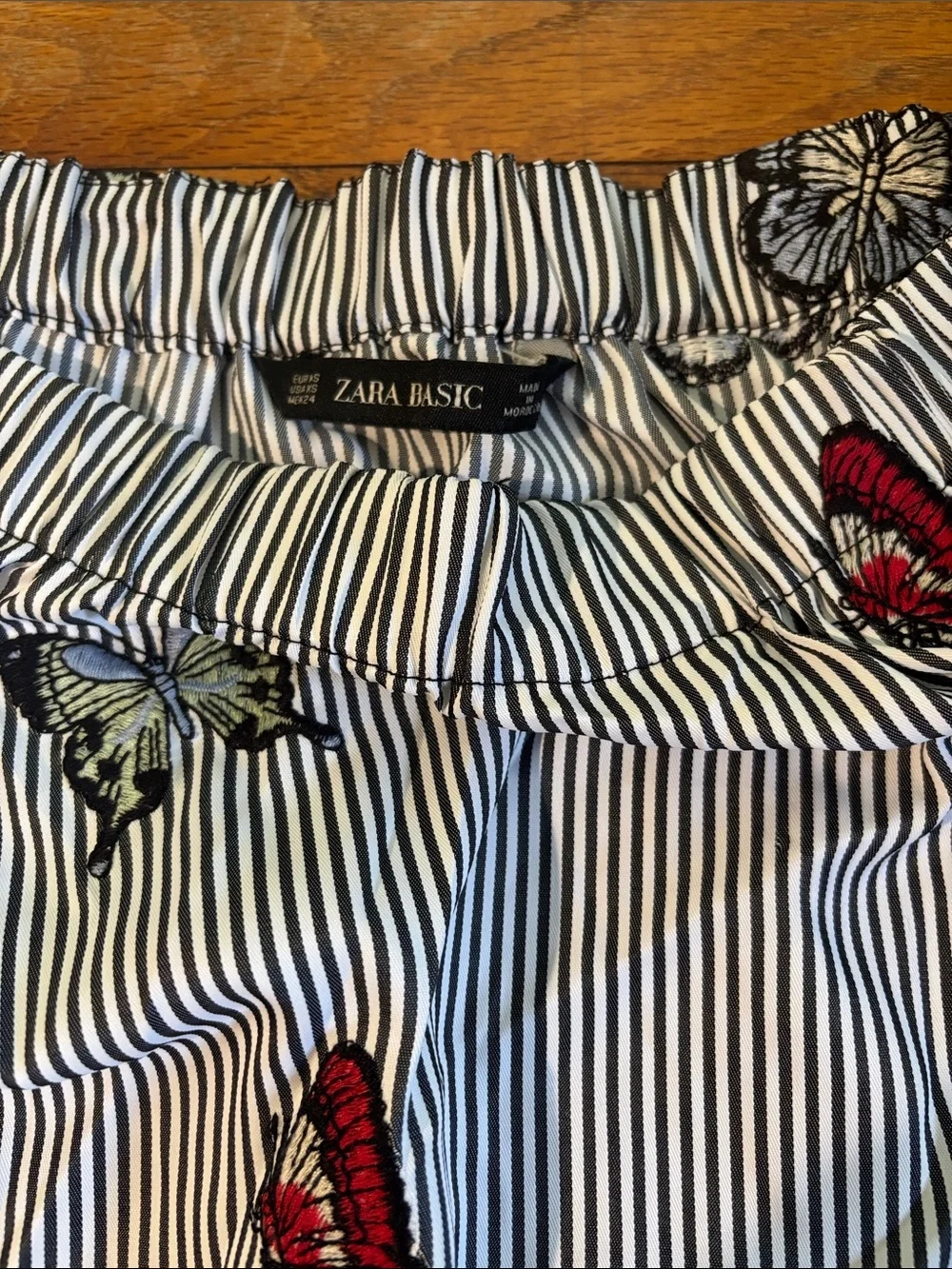 Zara Navy & White Striped Off-Shoulder Butterfly Print Balloon Sleeve Blouse Top