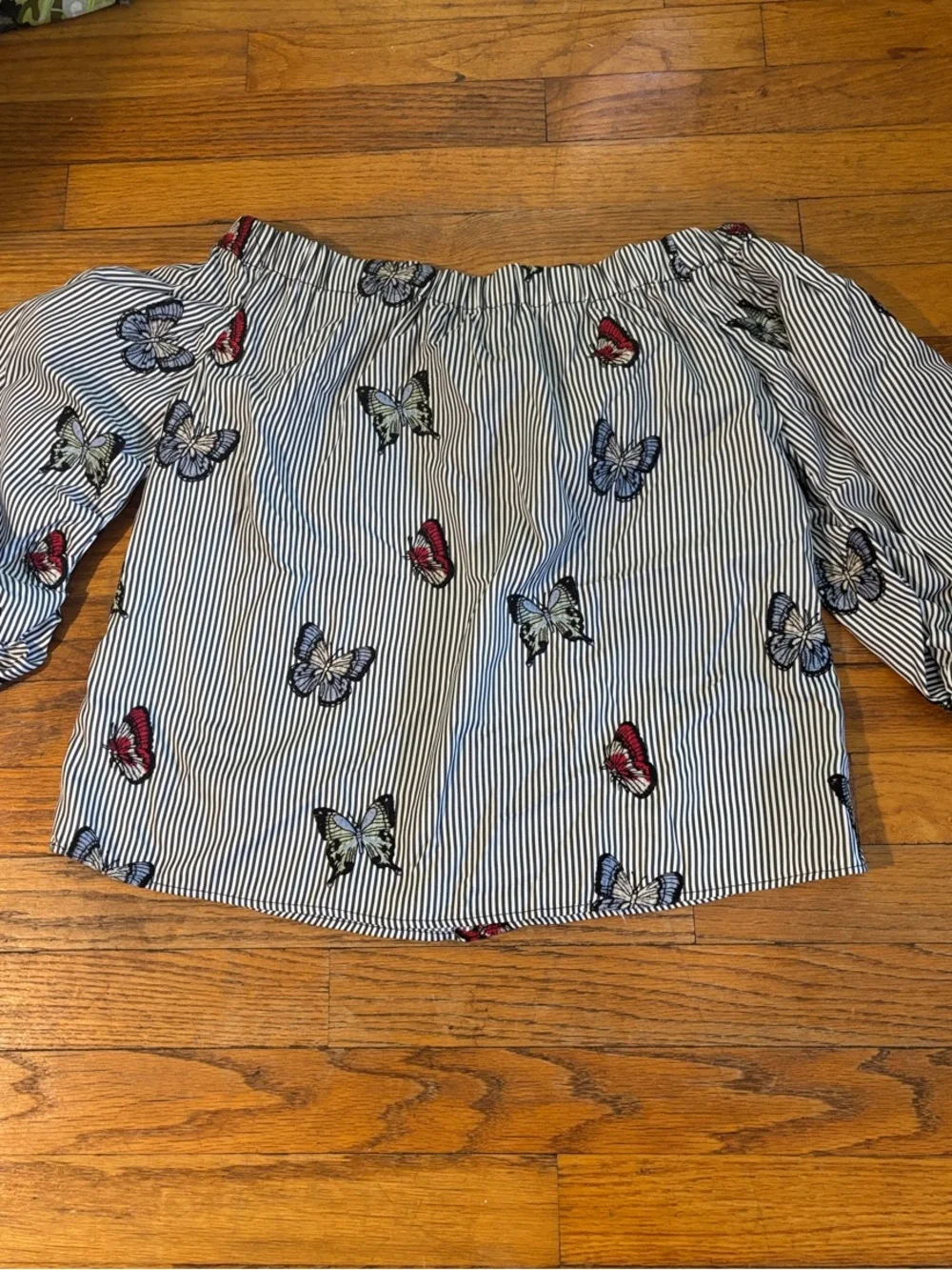 Zara Navy & White Striped Off-Shoulder Butterfly Print Balloon Sleeve Blouse Top