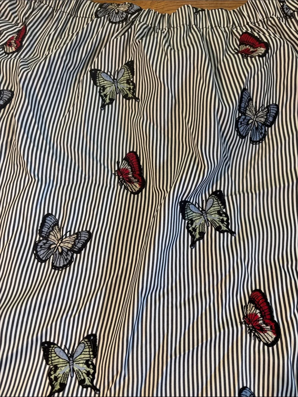 Zara Navy & White Striped Off-Shoulder Butterfly Print Balloon Sleeve Blouse Top
