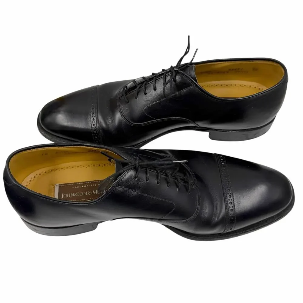 Johnston Murphy Handcrafted Black Leather Cap Toe Oxford Dress Shoes 12 B AA