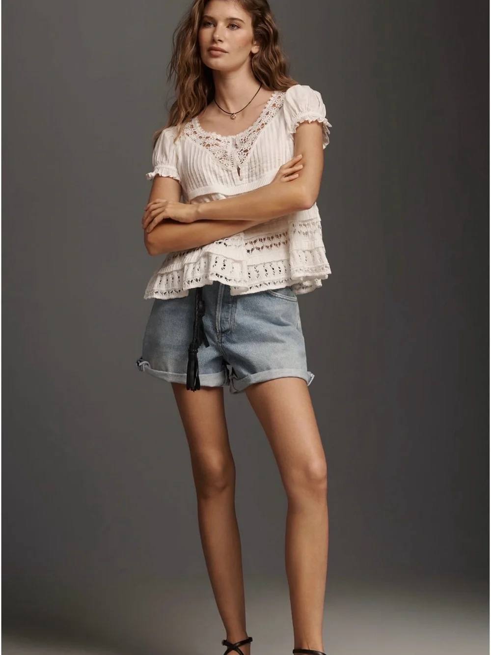 Anthropologie Cotton Puff Sleeve Crochet Knit Top Ivory Small